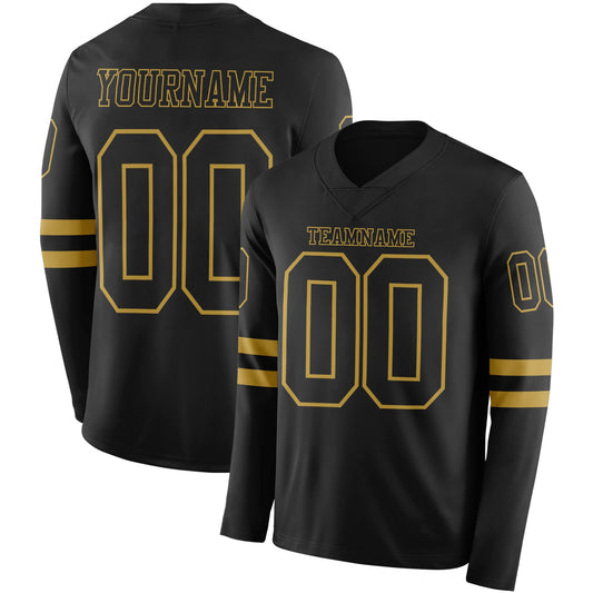 Custom Black Old Gold Long Sleeve Authentic Football Jersey - Main View