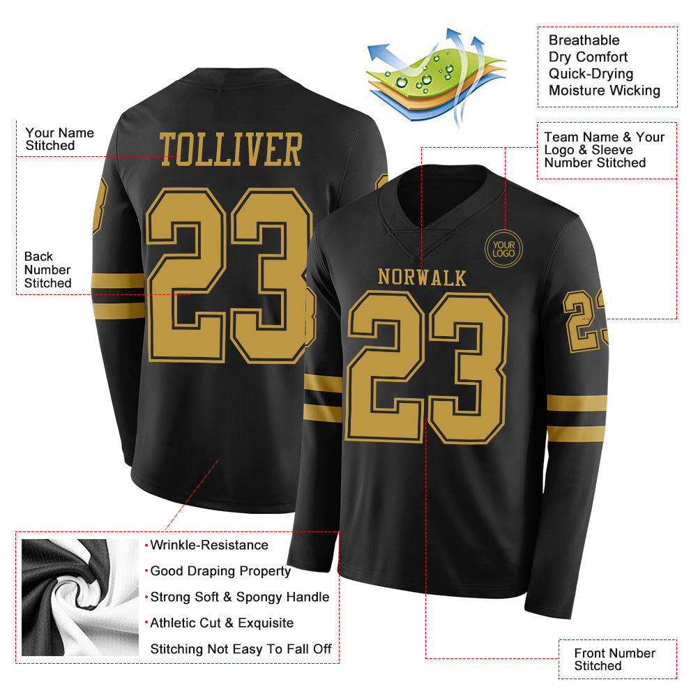 Custom Black Old Gold Long Sleeve Authentic Football Jersey view 2