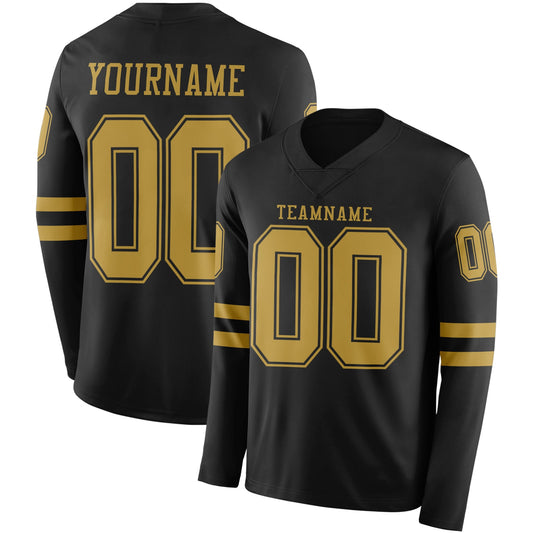 Custom Black Old Gold Long Sleeve Authentic Football Jersey - Main View