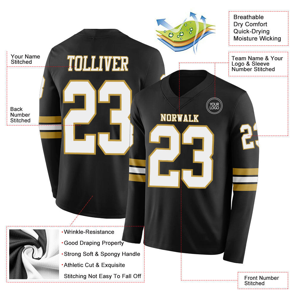Custom Black White-Old Gold Long Sleeve Authentic Football Jersey view 2