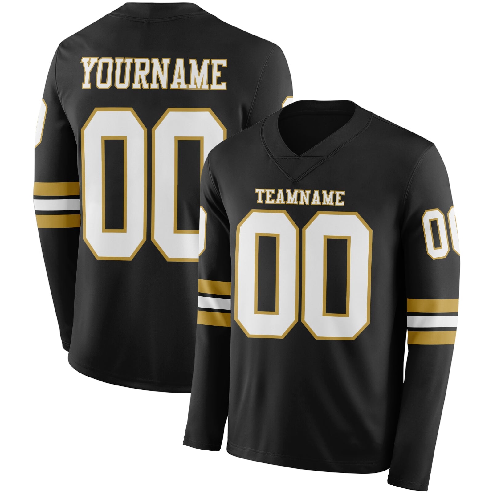 Custom Black White-Old Gold Long Sleeve Authentic Football Jersey - Main View