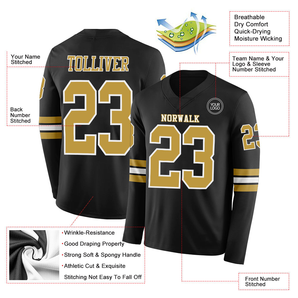 Custom Black Old Gold-White Long Sleeve Authentic Football Jersey view 2