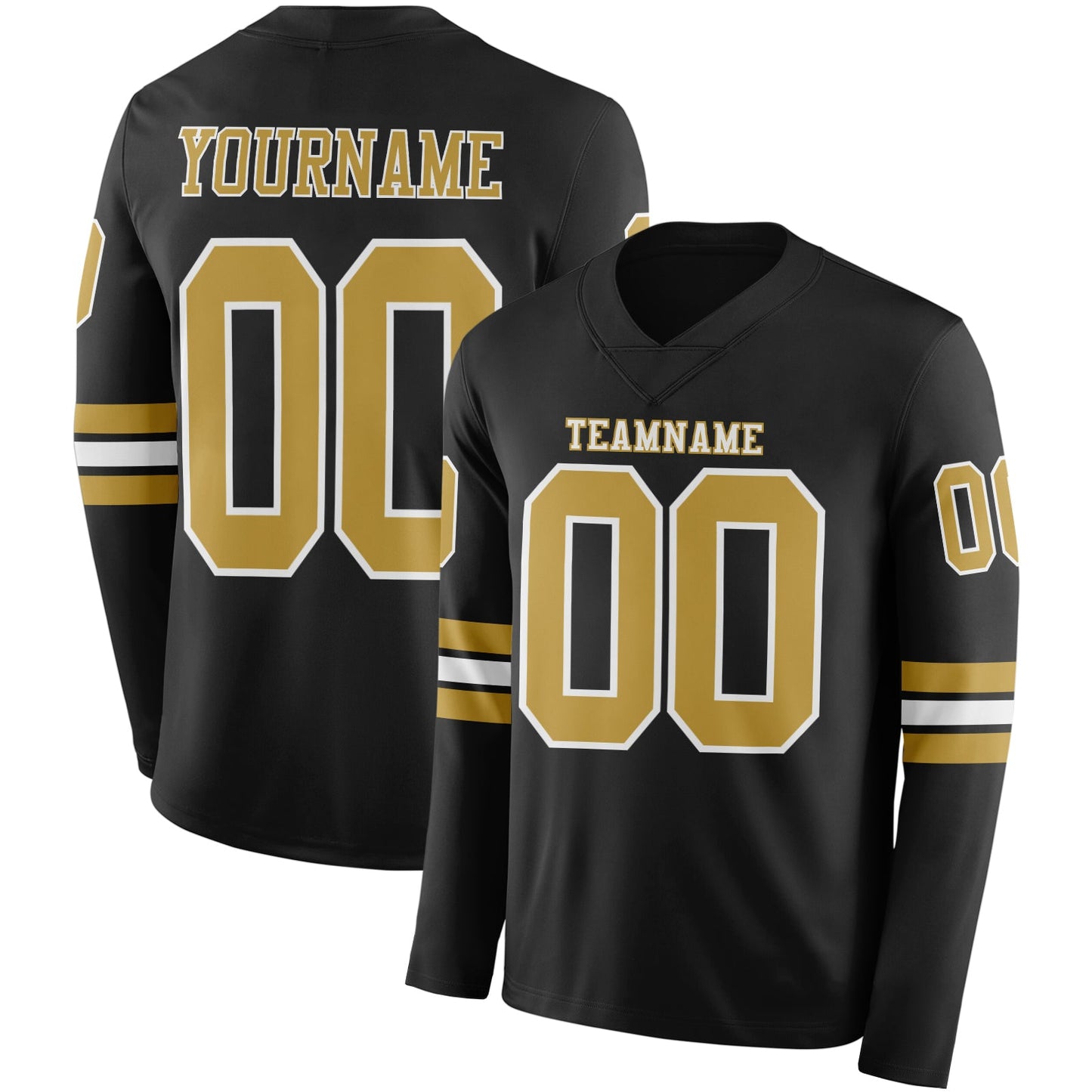 Custom Black Old Gold-White Long Sleeve Authentic Football Jersey - Main View