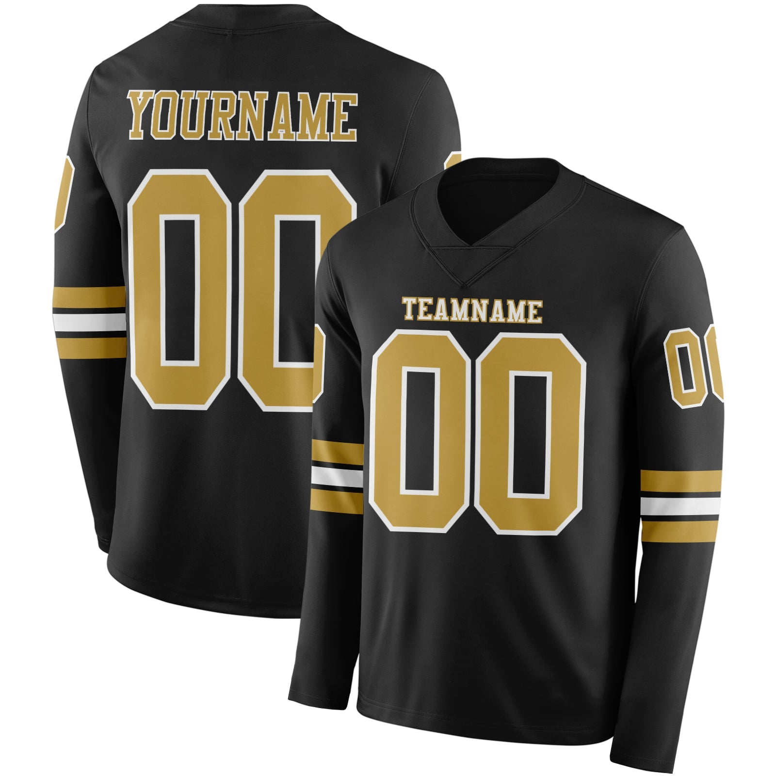 Custom Black Old Gold-White Long Sleeve Authentic Football Jersey - Main View