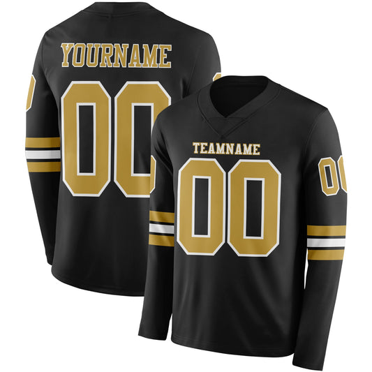 Custom Black Old Gold-White Long Sleeve Authentic Football Jersey - Main View