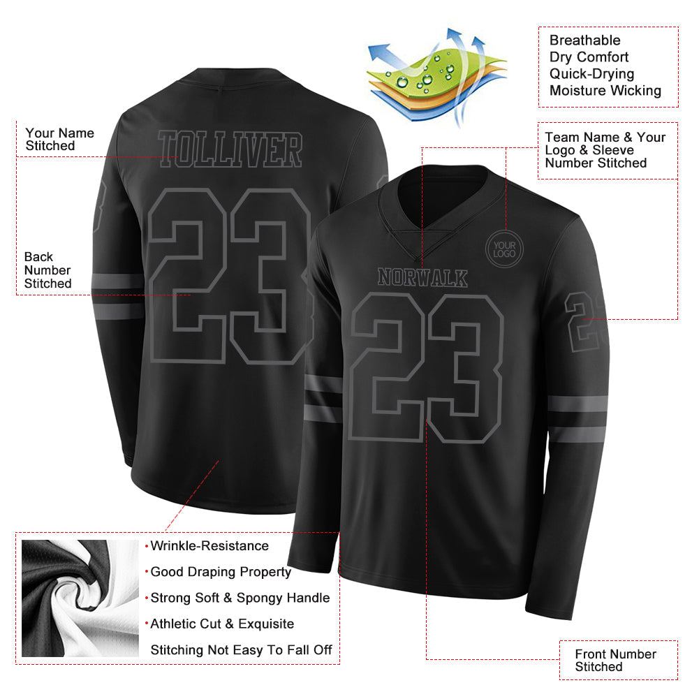 Custom Black Steel Gray Long Sleeve Authentic Football Jersey view 2