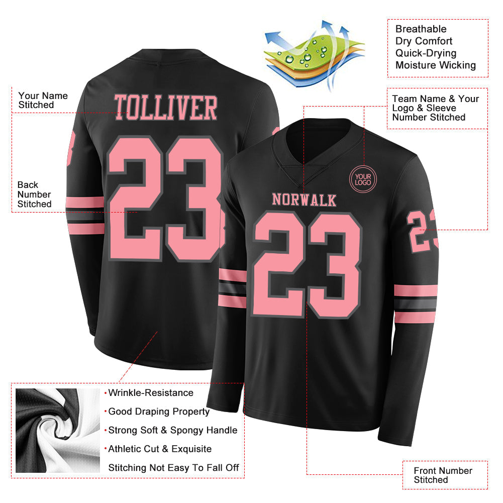 Custom Black Medium Pink-Steel Gray Long Sleeve Authentic Football Jersey view 2