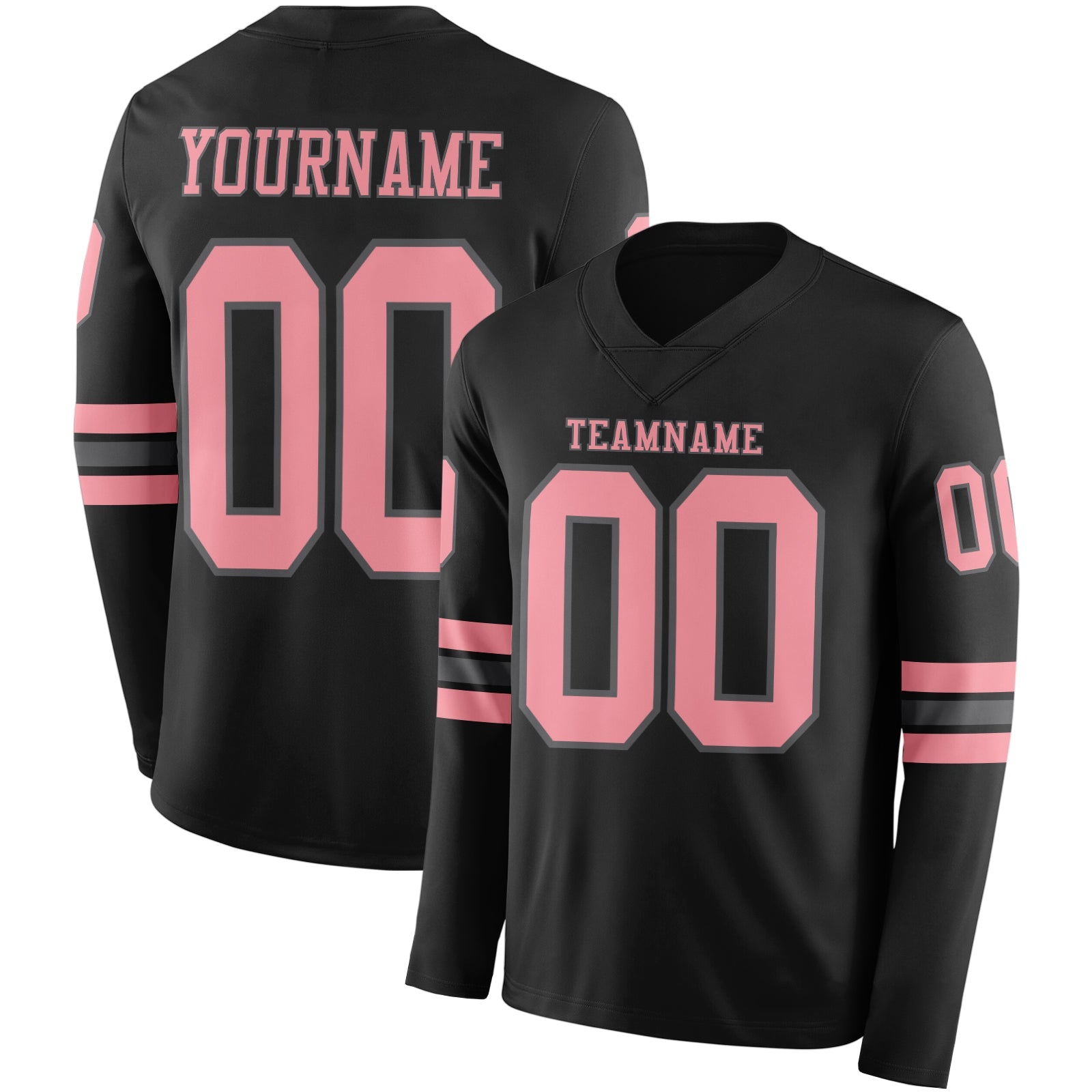 Custom Black Medium Pink-Steel Gray Long Sleeve Authentic Football Jersey - Main View