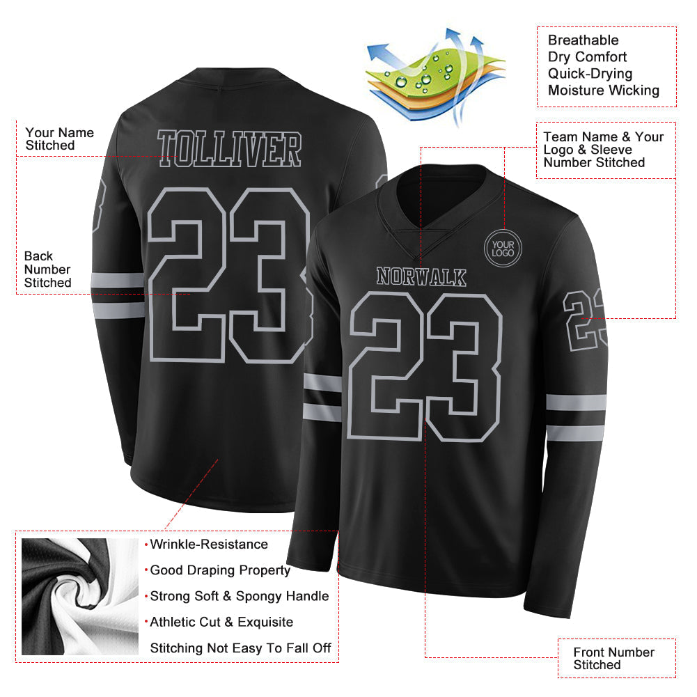 Custom Black Gray Long Sleeve Authentic Football Jersey view 2