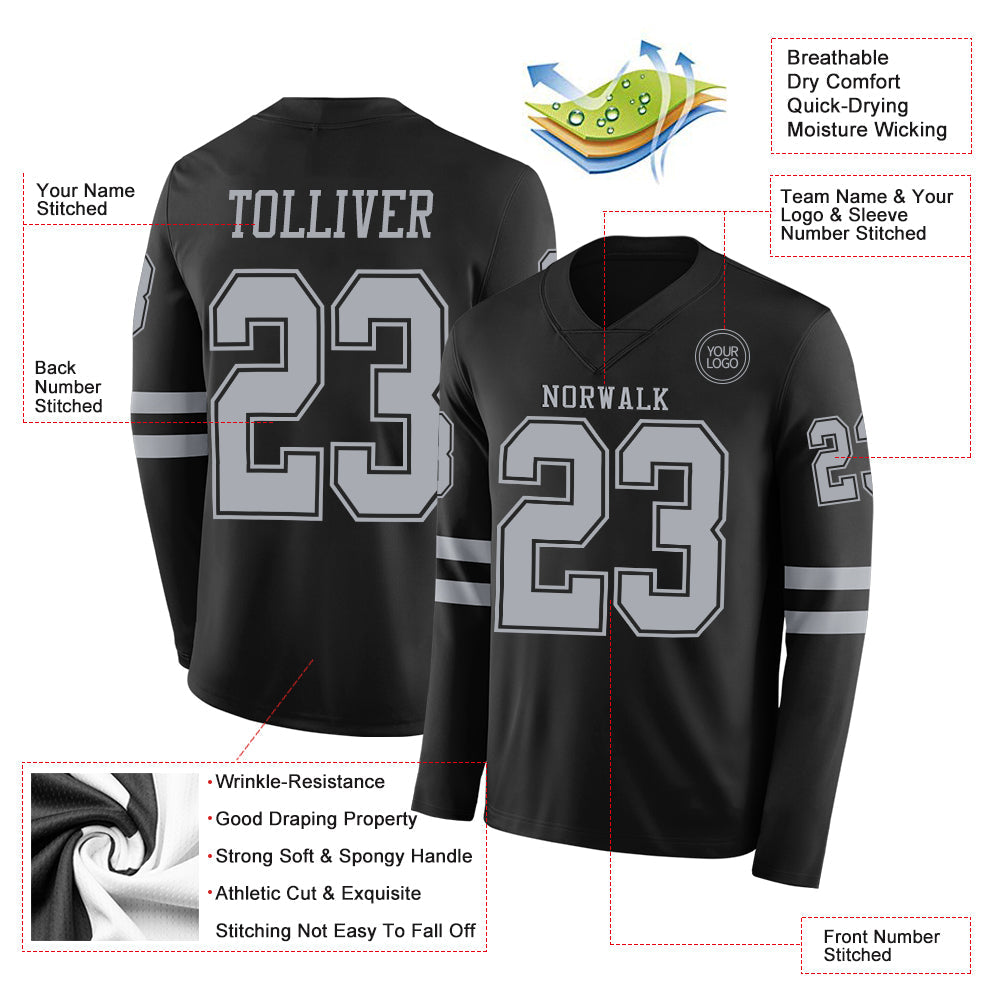 Custom Black Gray Long Sleeve Authentic Football Jersey view 2