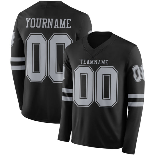 Custom Black Gray Long Sleeve Authentic Football Jersey - Main View