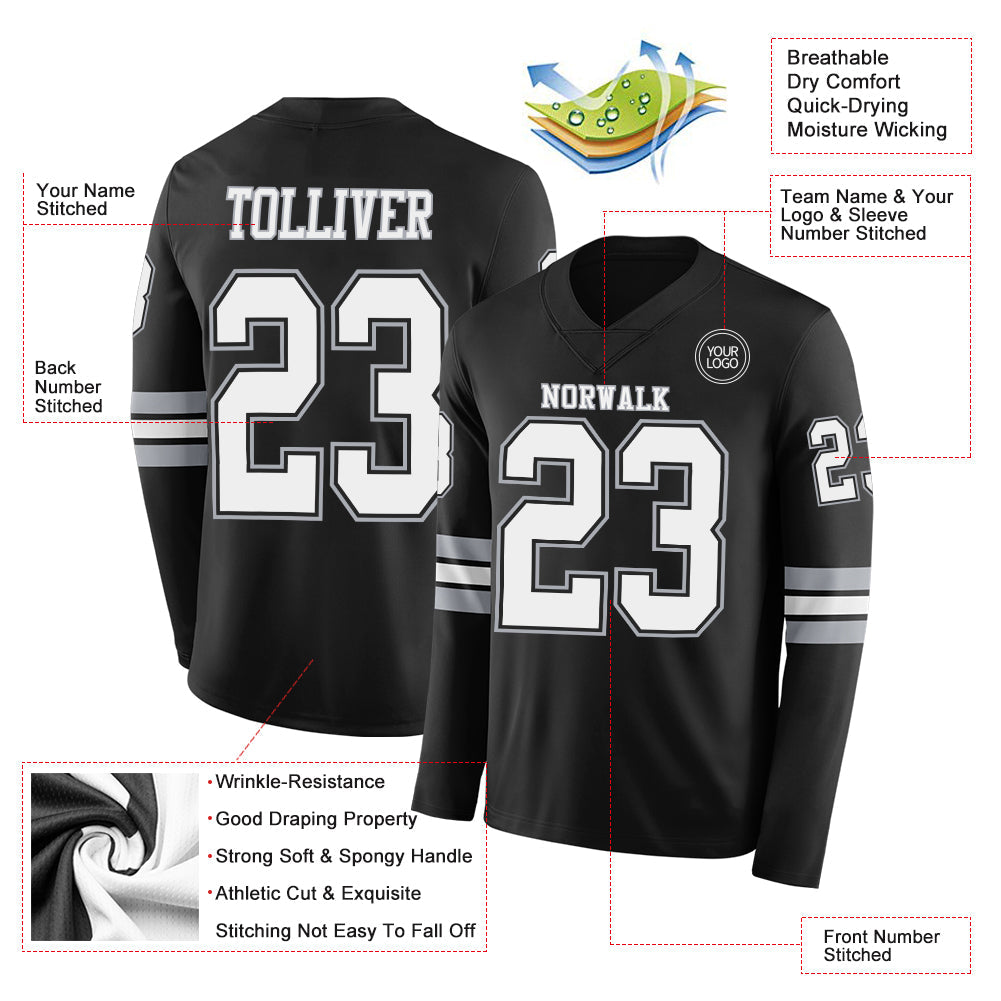Custom Black White-Gray Long Sleeve Authentic Football Jersey view 2