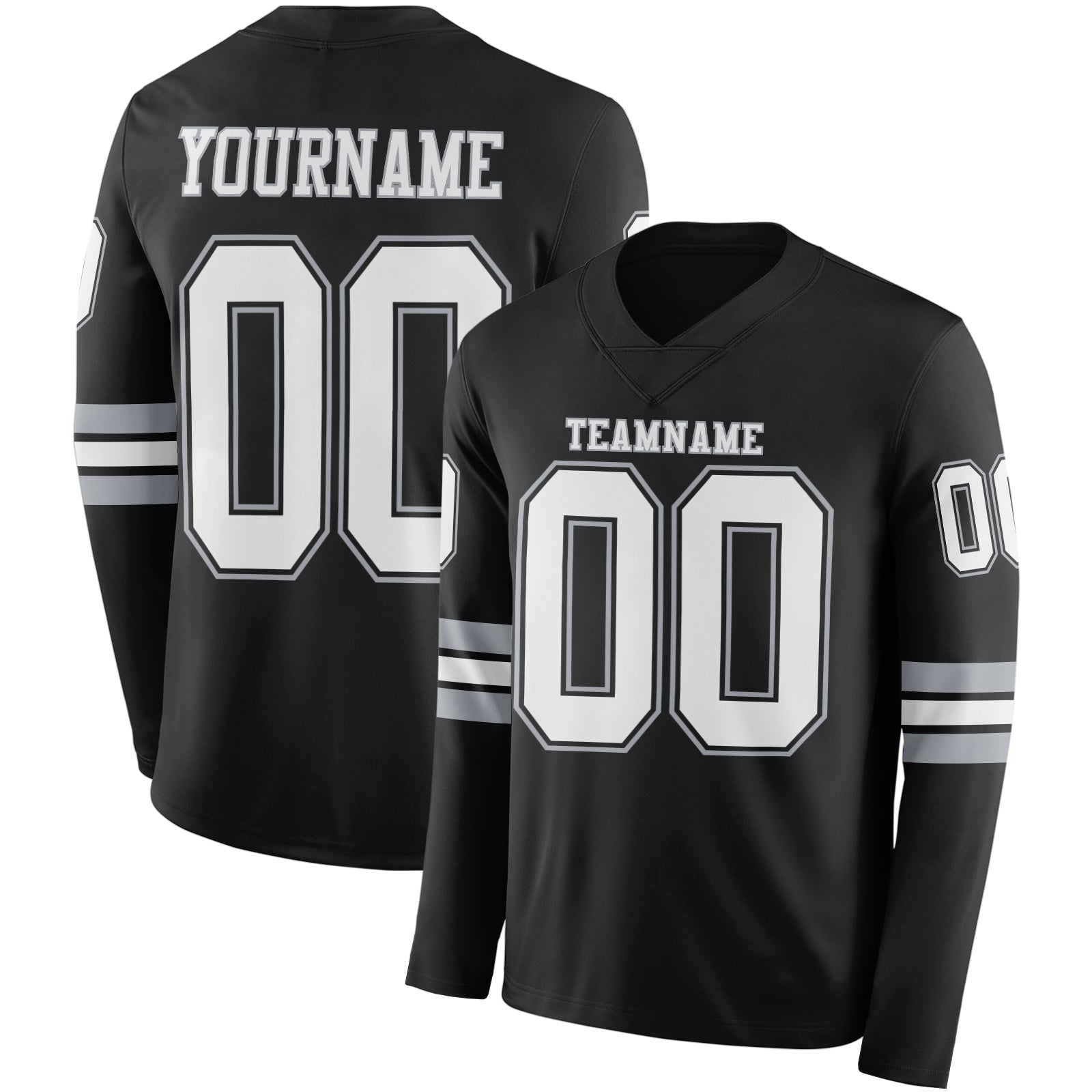 Custom Black White-Gray Long Sleeve Authentic Football Jersey - Main View