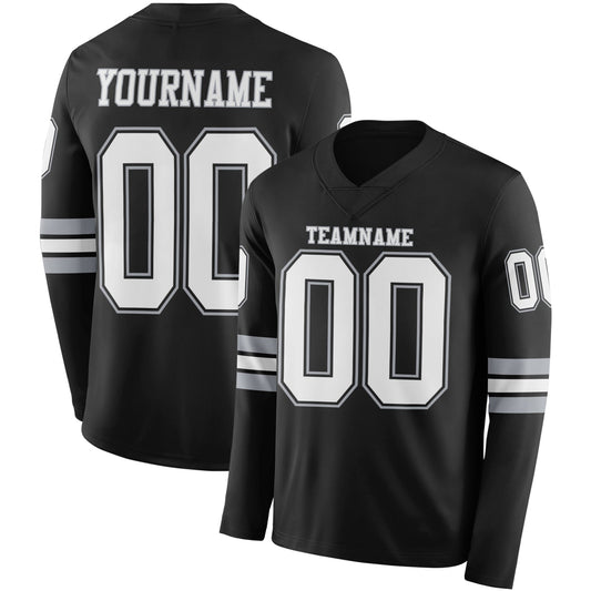 Custom Black White-Gray Long Sleeve Authentic Football Jersey - Main View