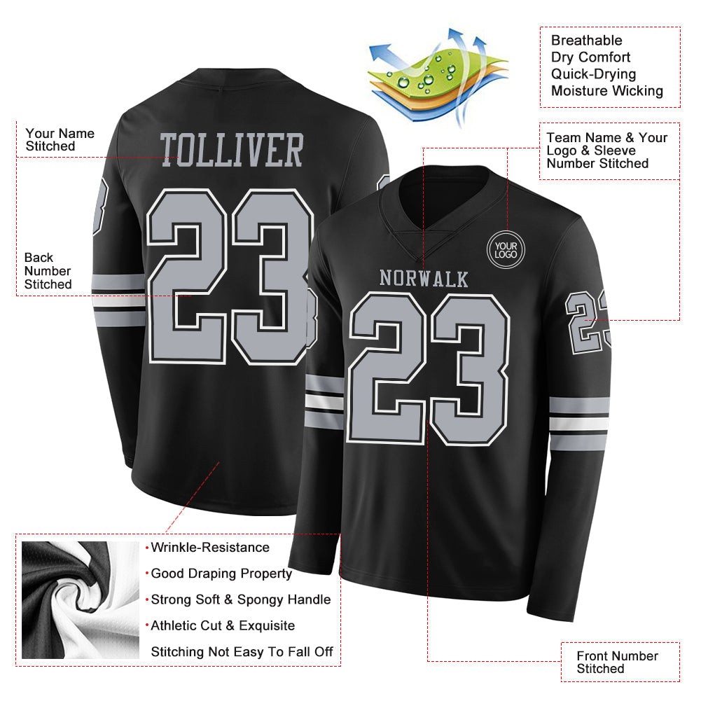 Custom Black Gray Long Sleeve Authentic Football Jersey view 2