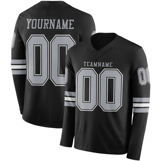Custom Black Gray Long Sleeve Authentic Football Jersey - Main View