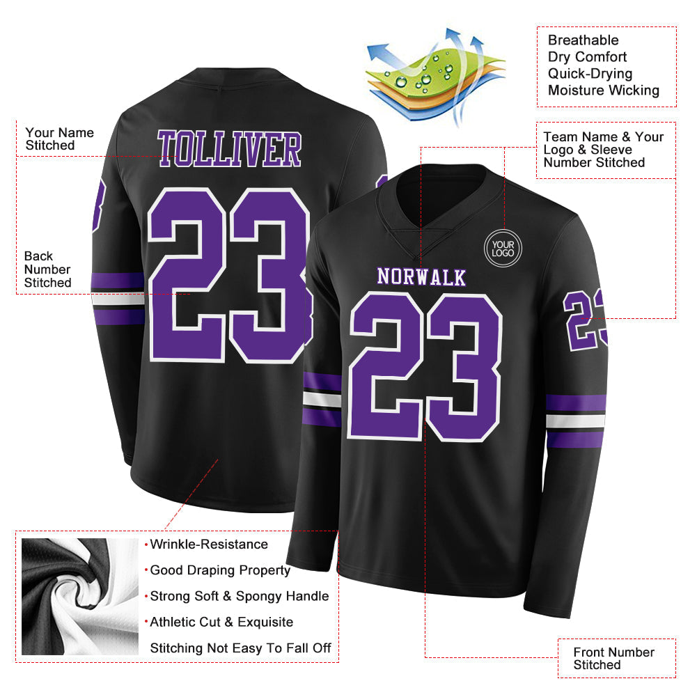 Custom Black Purple-White Long Sleeve Authentic Football Jersey view 2