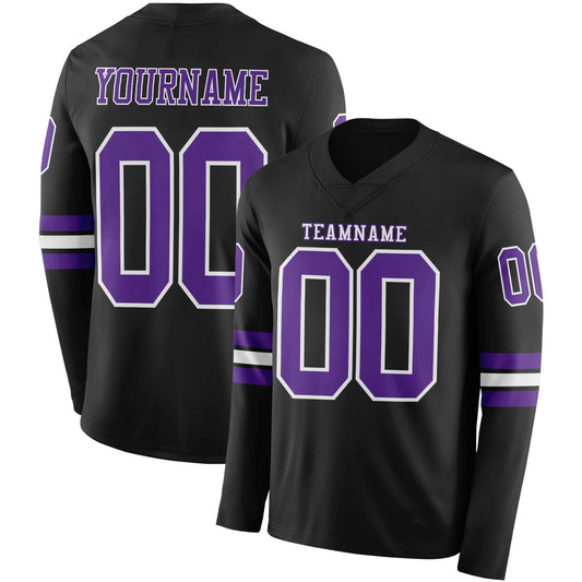 Custom Black Purple-White Long Sleeve Authentic Football Jersey - Main View