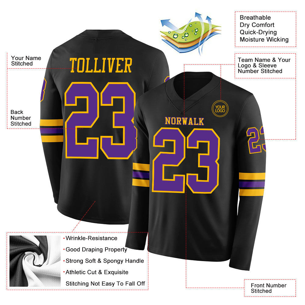 Custom Black Purple-Gold Long Sleeve Authentic Football Jersey view 2