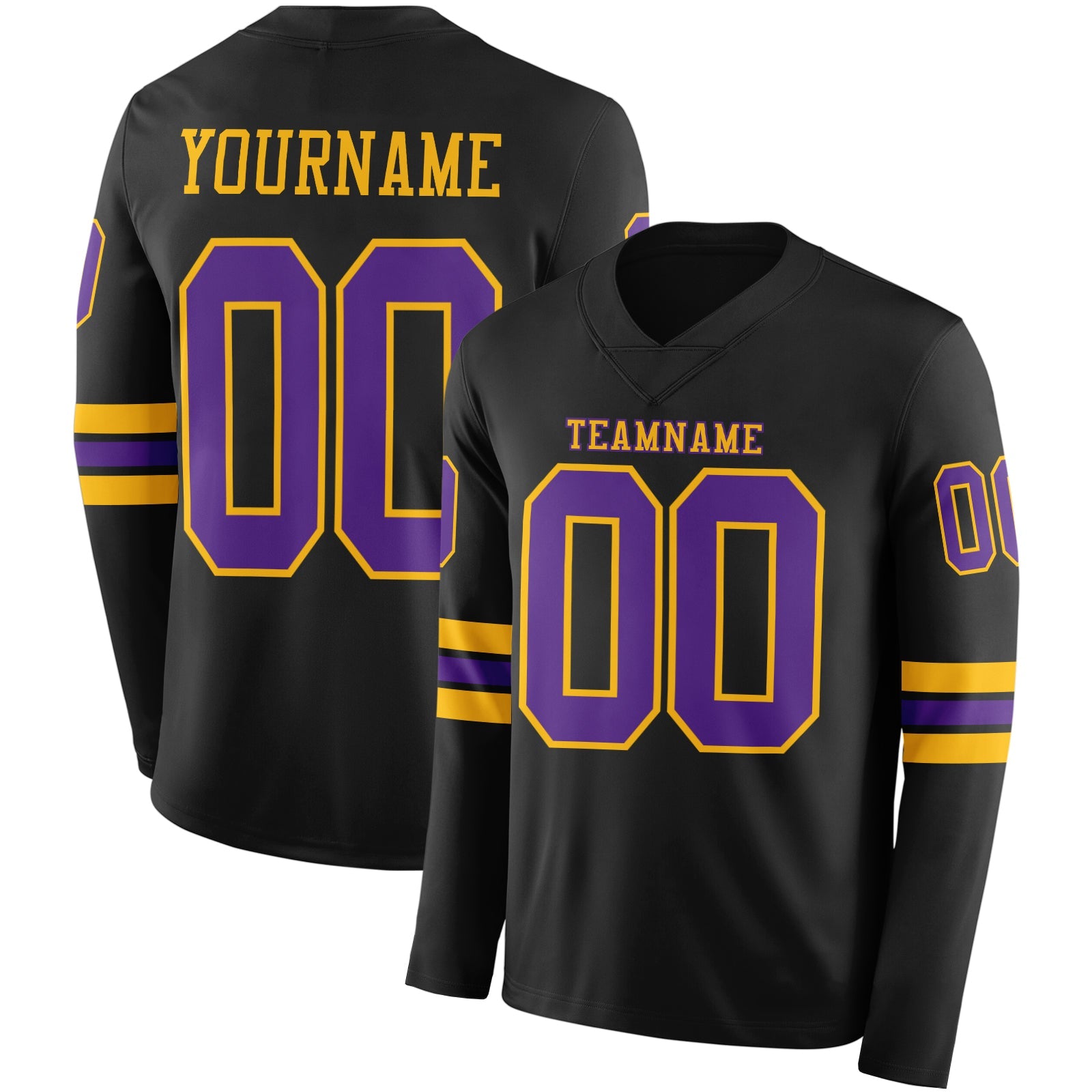 Custom Black Purple-Gold Long Sleeve Authentic Football Jersey - Main View