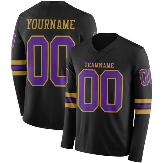 Custom Black Purple-Old Gold Long Sleeve Authentic Football Jersey - Main View