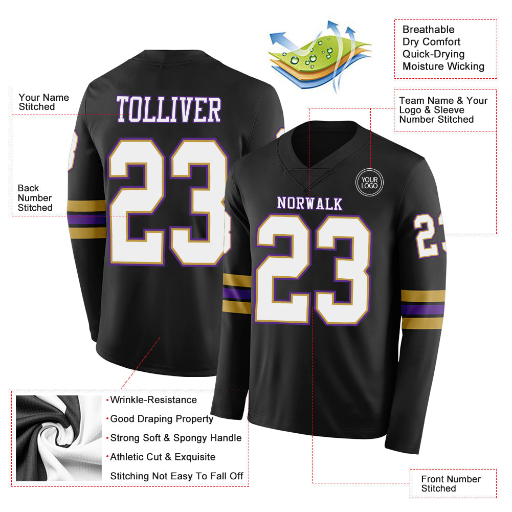 Custom Black White Old Gold-Purple Long Sleeve Authentic Football Jersey view 2