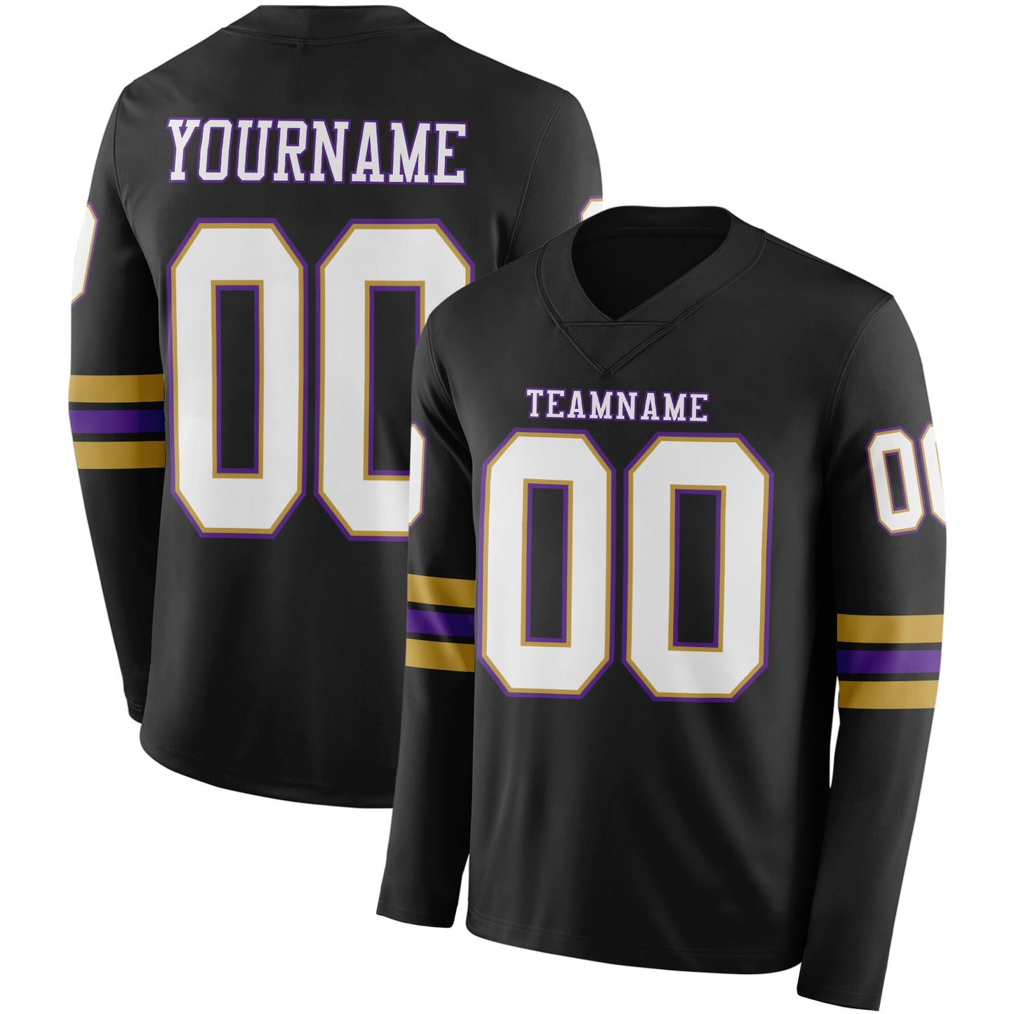Custom Black White Old Gold-Purple Long Sleeve Authentic Football Jersey - Main View