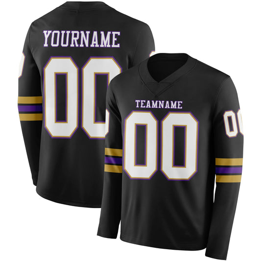 Custom Black White Old Gold-Purple Long Sleeve Authentic Football Jersey - Main View