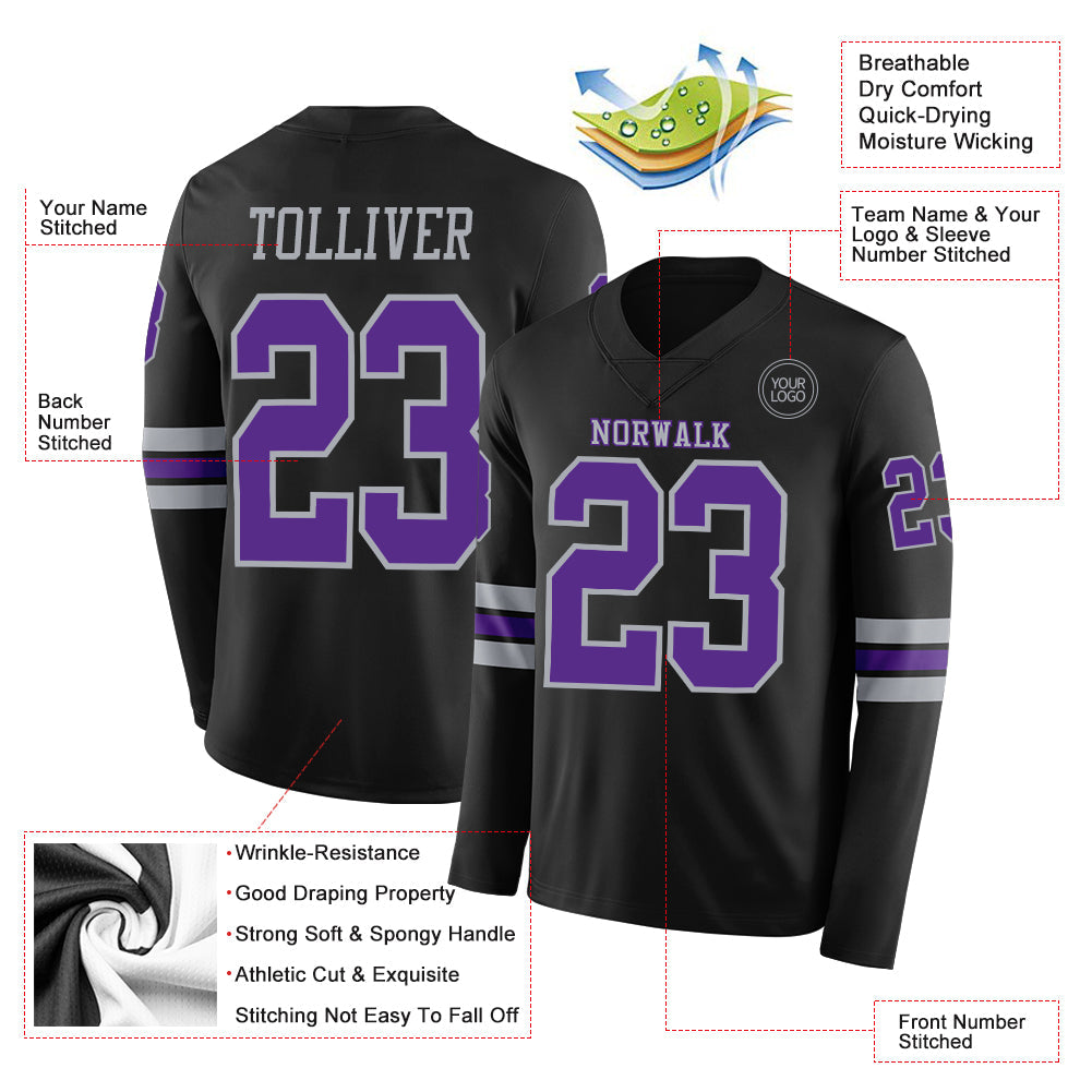 Custom Black Purple-Gray Long Sleeve Authentic Football Jersey view 2