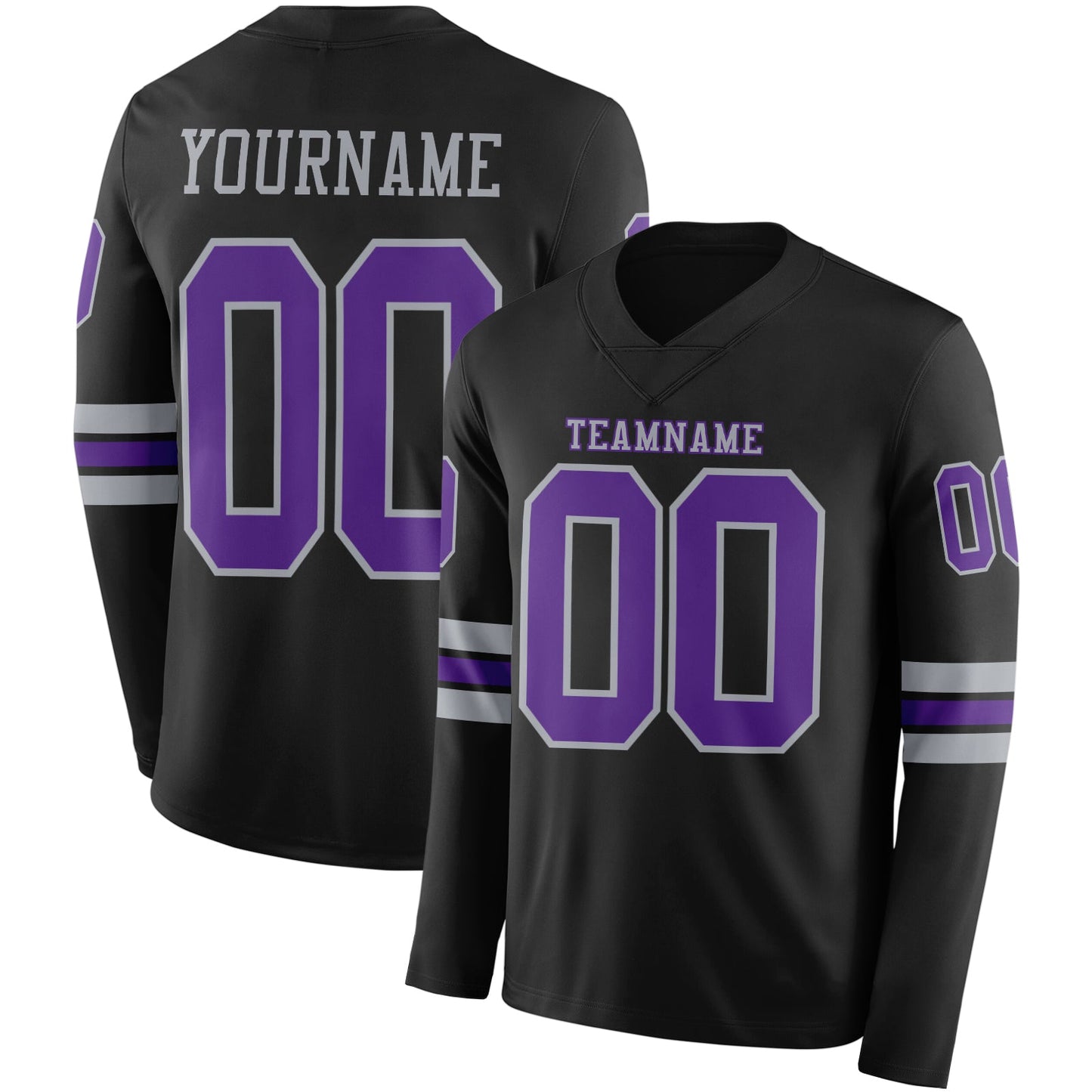 Custom Black Purple-Gray Long Sleeve Authentic Football Jersey - Main View