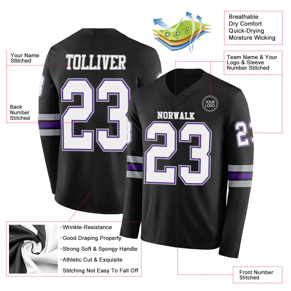 Custom Black White Purple-Gray Long Sleeve Authentic Football Jersey view 2