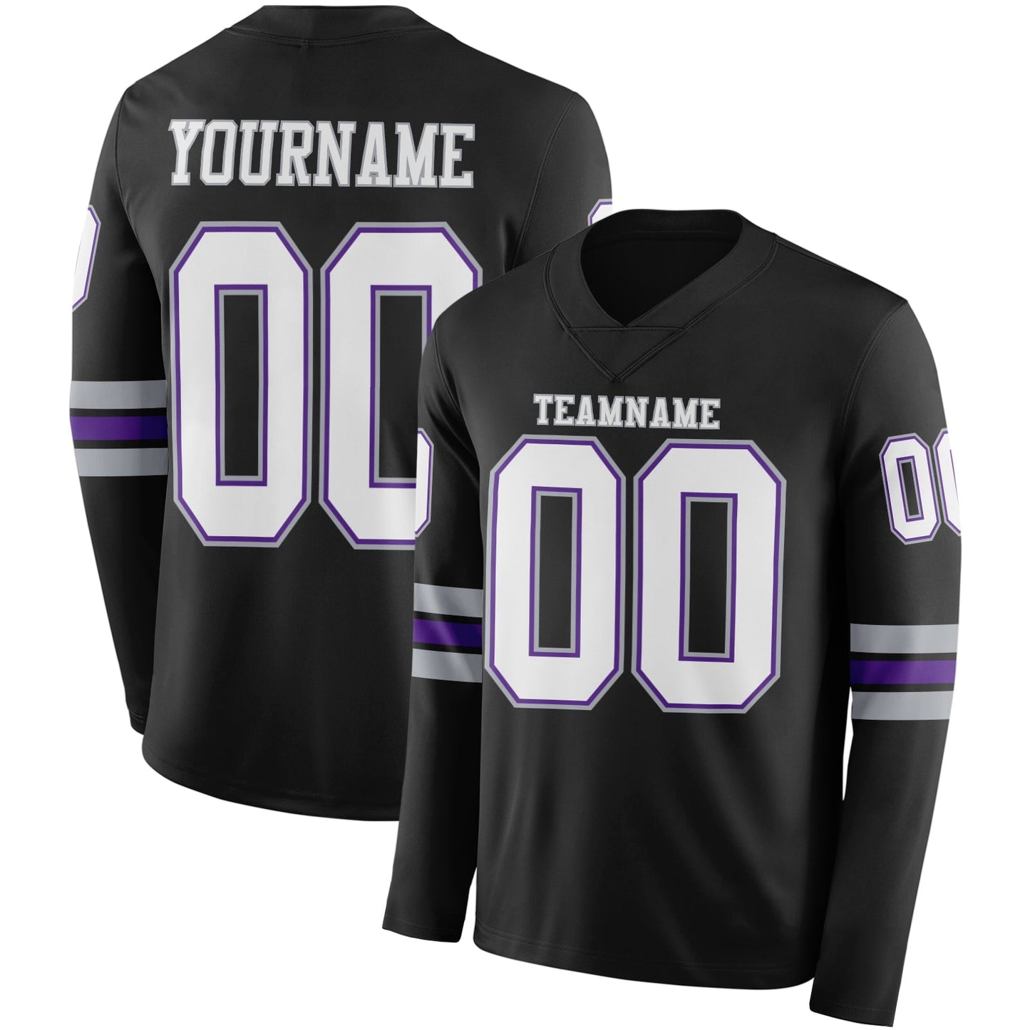 Custom Black White Purple-Gray Long Sleeve Authentic Football Jersey - Main View