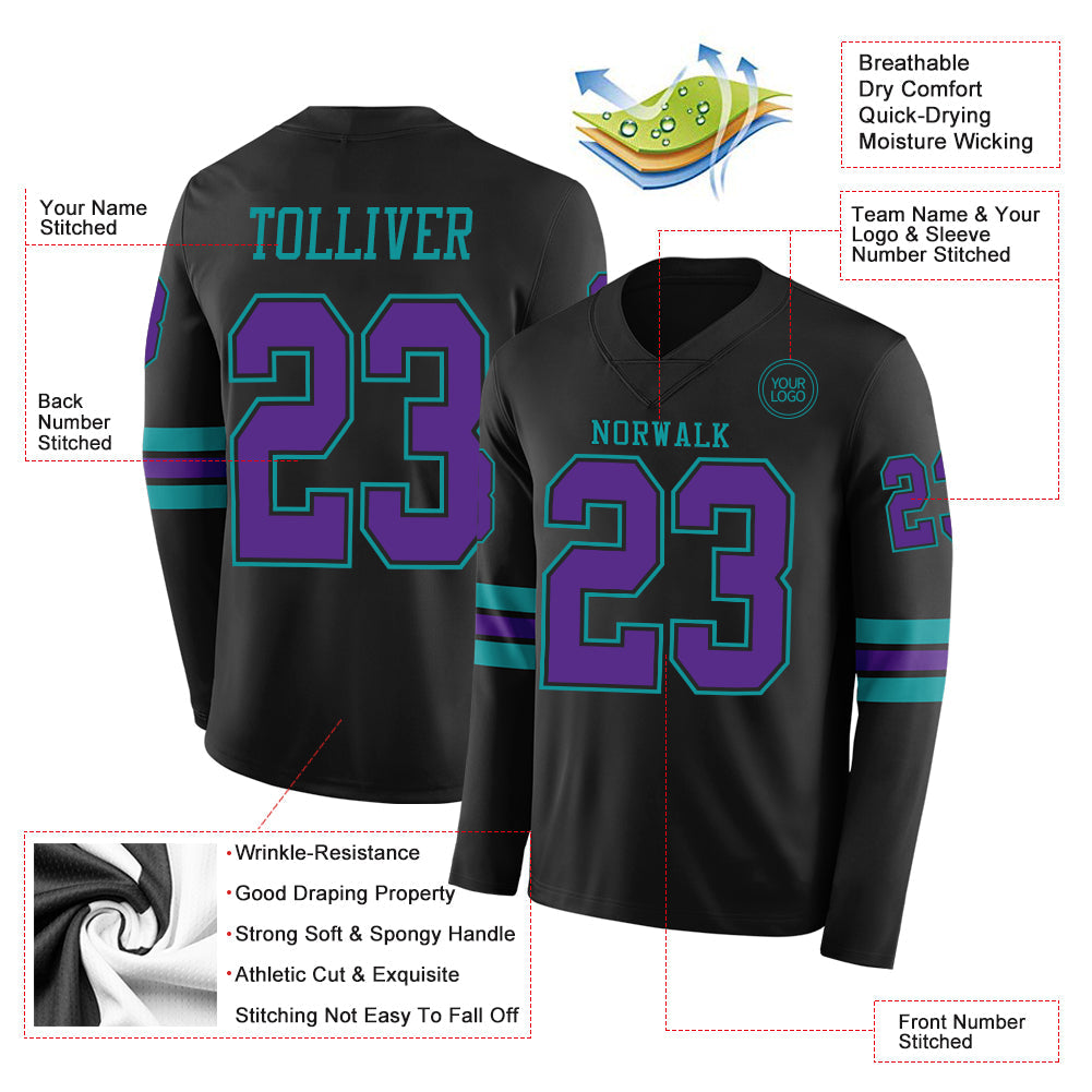 Custom Black Purple-Teal Long Sleeve Authentic Football Jersey view 2