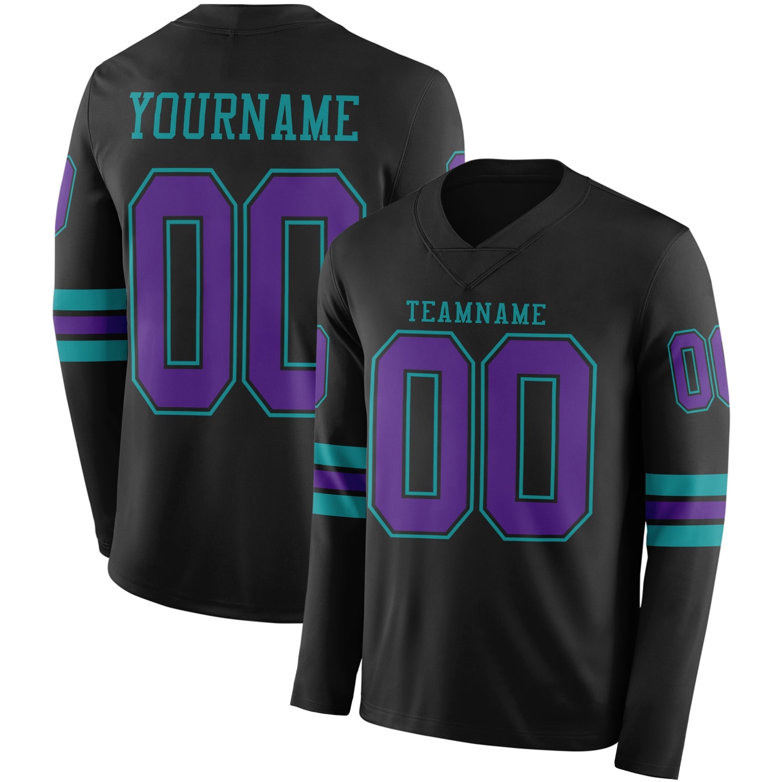 Custom Black Purple-Teal Long Sleeve Authentic Football Jersey - Main View