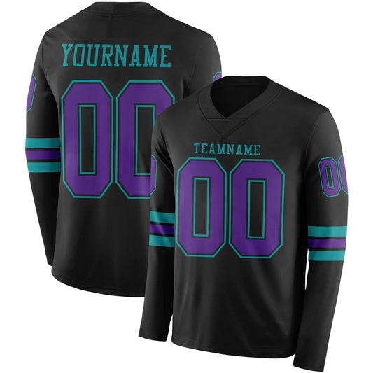 Custom Black Purple-Teal Long Sleeve Authentic Football Jersey - Main View
