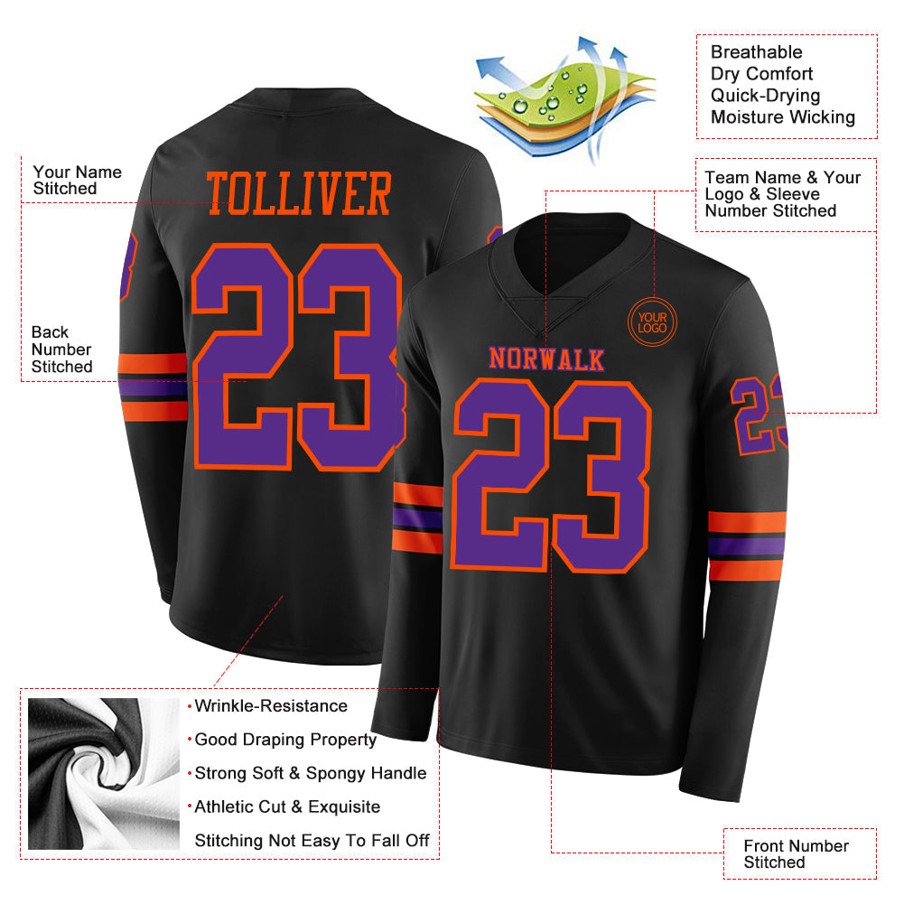 Custom Black Purple-Orange Long Sleeve Authentic Football Jersey view 2