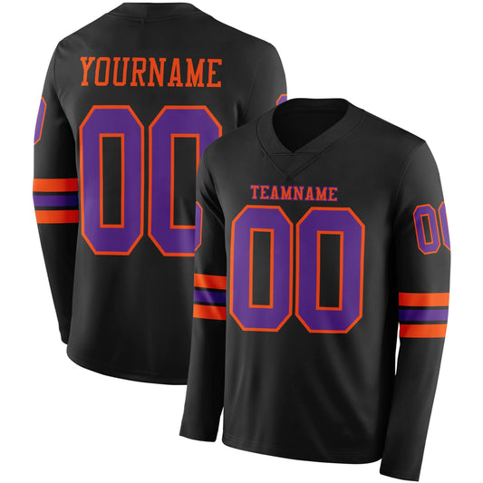 Custom Black Purple-Orange Long Sleeve Authentic Football Jersey - Main View