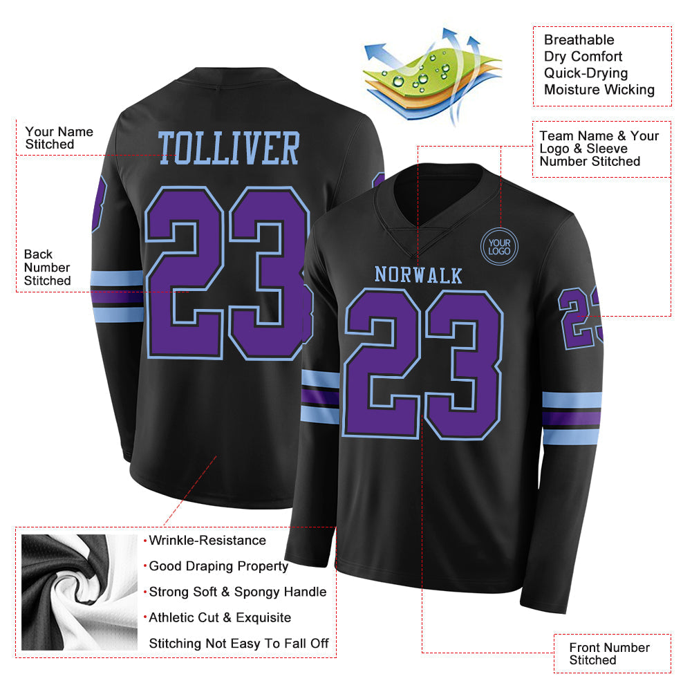 Custom Black Purple-Light Blue Long Sleeve Authentic Football Jersey view 2
