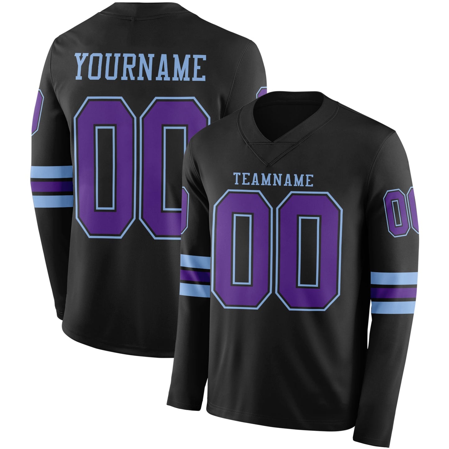 Custom Black Purple-Light Blue Long Sleeve Authentic Football Jersey - Main View