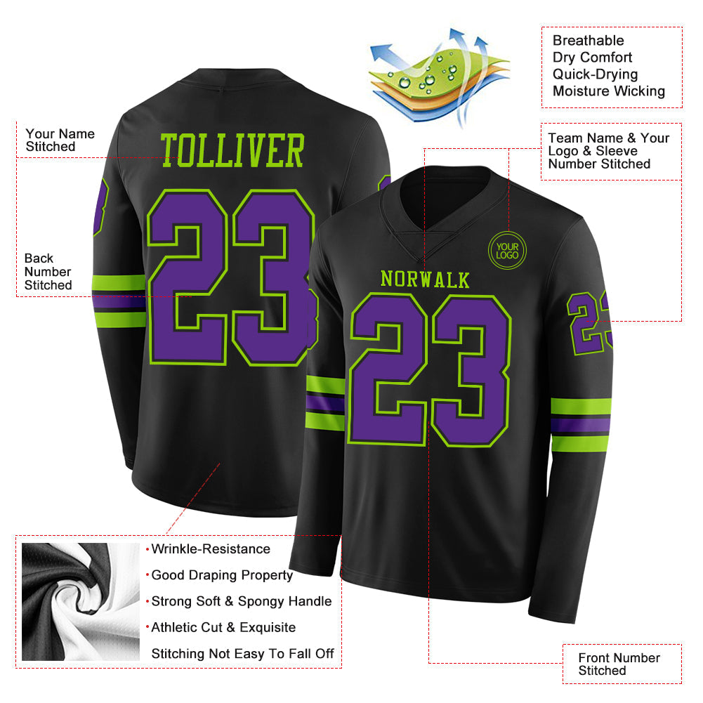 Custom Black Purple-Neon Green Long Sleeve Authentic Football Jersey view 2