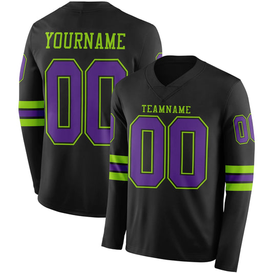 Custom Black Purple-Neon Green Long Sleeve Authentic Football Jersey - Main View