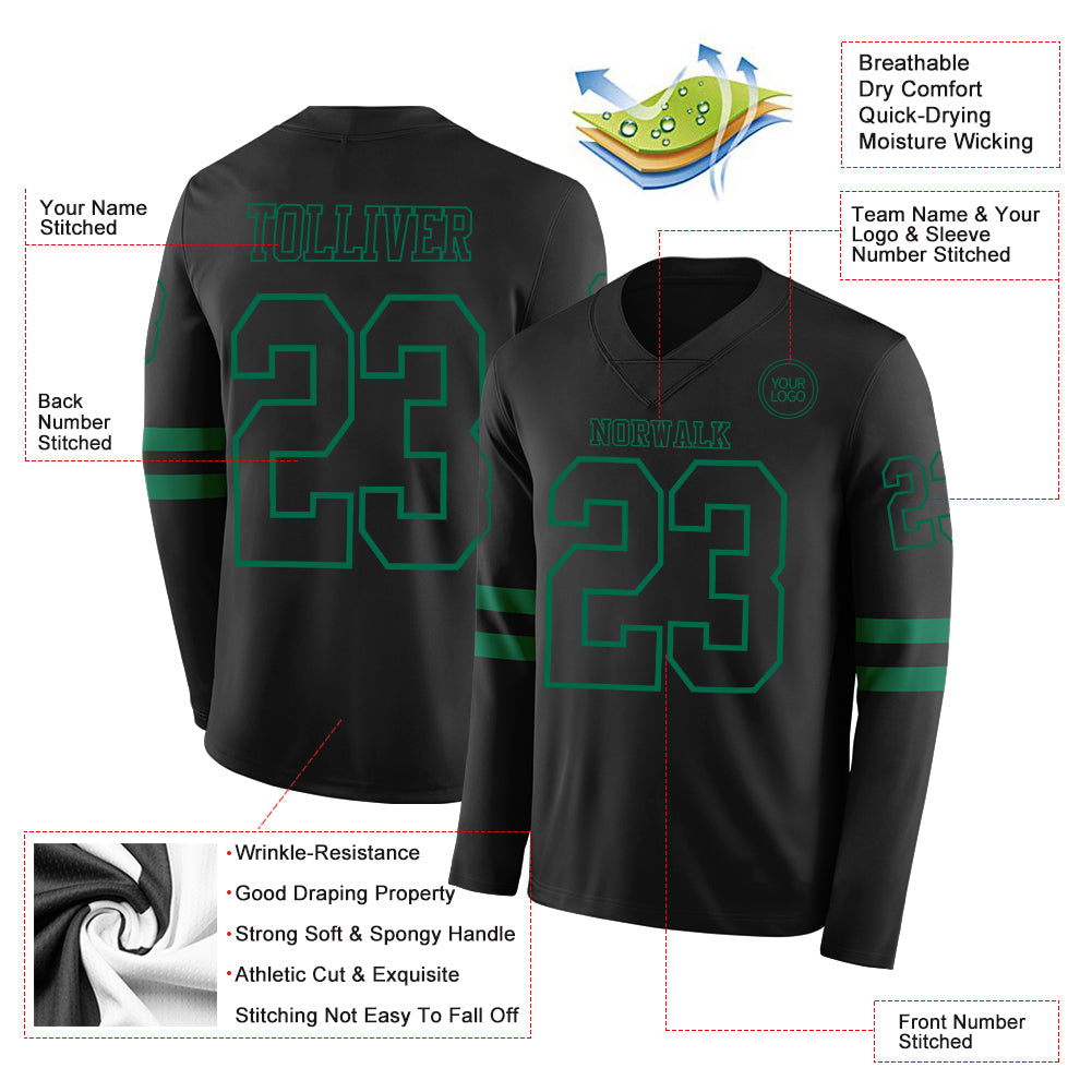 Custom Black Kelly Green Long Sleeve Authentic Football Jersey view 2
