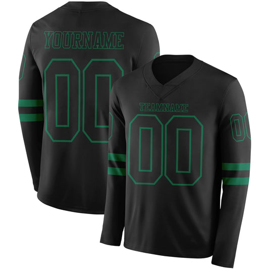 Custom Black Kelly Green Long Sleeve Authentic Football Jersey - Main View