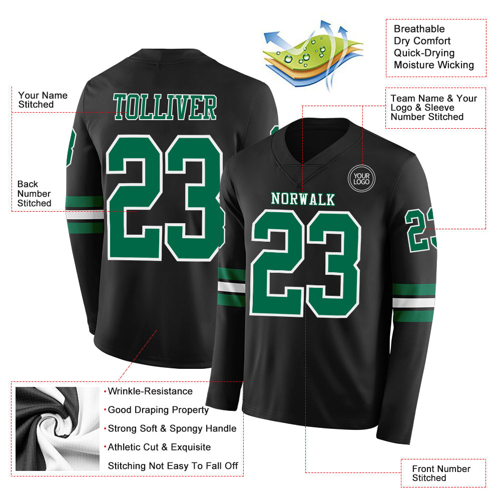 Custom Black Kelly Green-White Long Sleeve Authentic Football Jersey view 2