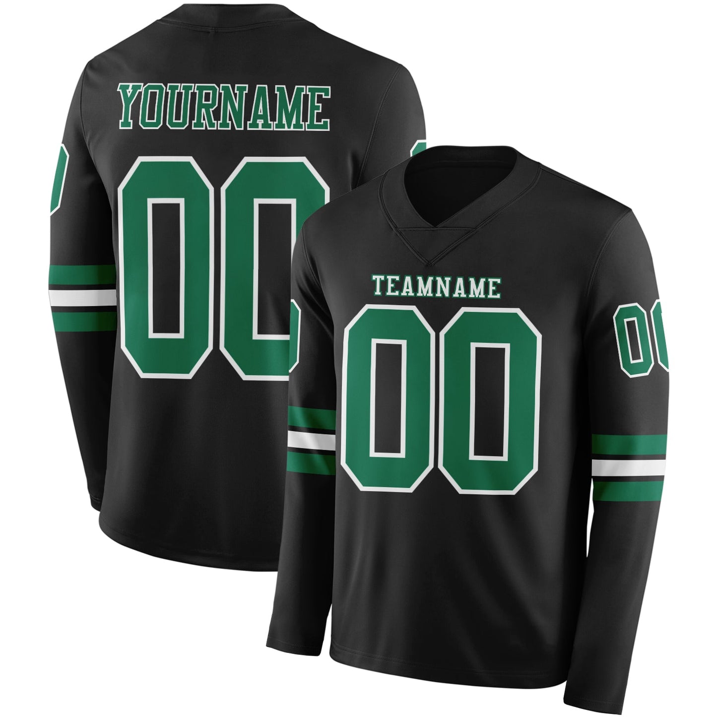 Custom Black Kelly Green-White Long Sleeve Authentic Football Jersey - Main View