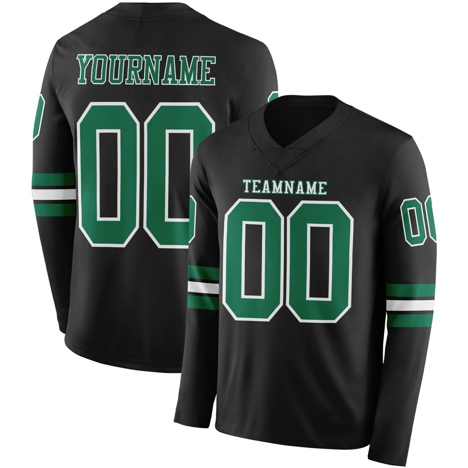 Custom Black Kelly Green-White Long Sleeve Authentic Football Jersey - Main View