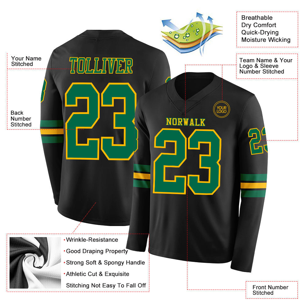 Custom Black Kelly Green-Gold Long Sleeve Authentic Football Jersey view 2