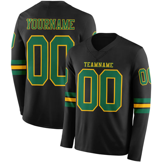 Custom Black Kelly Green-Gold Long Sleeve Authentic Football Jersey - Main View