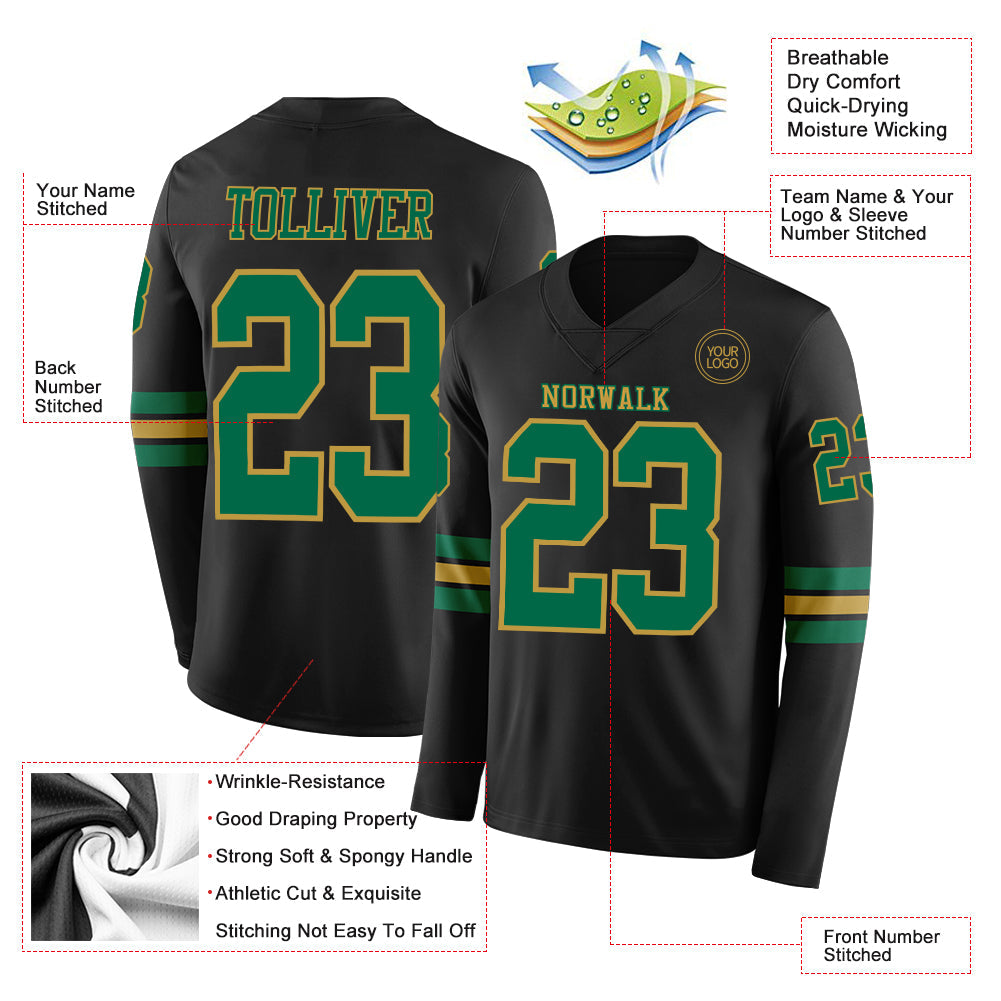 Custom Black Kelly Green-Old Gold Long Sleeve Authentic Football Jersey view 2