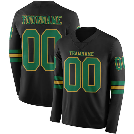 Custom Black Kelly Green-Old Gold Long Sleeve Authentic Football Jersey - Main View